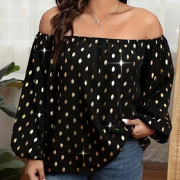 jkthpu-45 Black / UK 18 Plus Size Off-the-Shoulder Blouse – Black & Gold Party Top