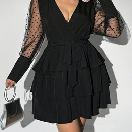 jkthpu-45 Black / UK 18 Plus Size - Plus Size - Elegant Plus Size V-Neck Lace Dress with Ruffled Hem - Long Sleeve, Black & White Contrast, Non-Stretch Fabric, Tie Waist Detail, All-Season Versatile Women'S Dress for Casual or Formal Occasions, Formal Evening Wear | Vneck Dress