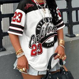 KissICON Black / UK 18 Plus Size - Plus Size Fashionable Gentleman'S Trendy! American Letter T-Shirt, White and Blue Eye-Catching, Slogans and Numbers, Leading Street Trend