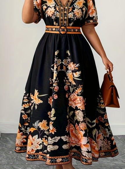 jkthpu-45 Black / UK 18 Plus Size - Plus Size Floral Print V-Neck Maxi Dress with Short Sleeves and Belted Waist - Black with Orange, White, and Beige Flowers - Perfect for Summer Vacations, Vacation Attire | Floral Print Dress | Polyester Fabric