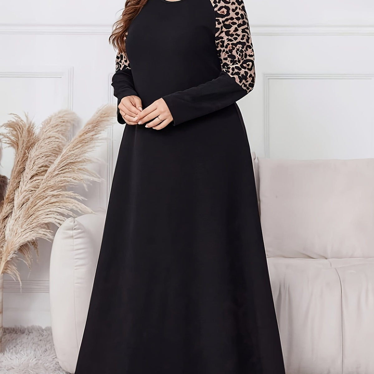 jkthpu-45 Black / UK 18 Plus Size - Plus Size - Plus Size, Women'S Elegant Leopard Print Maxi Dress - Formal & Casual Chic Outfit, Flattering Fit for Parties, Office, Casual Attire - Fall/Winter Wardrobe Essential, Party Attire, Sophisticated Design, Comfortable Material, Stylis