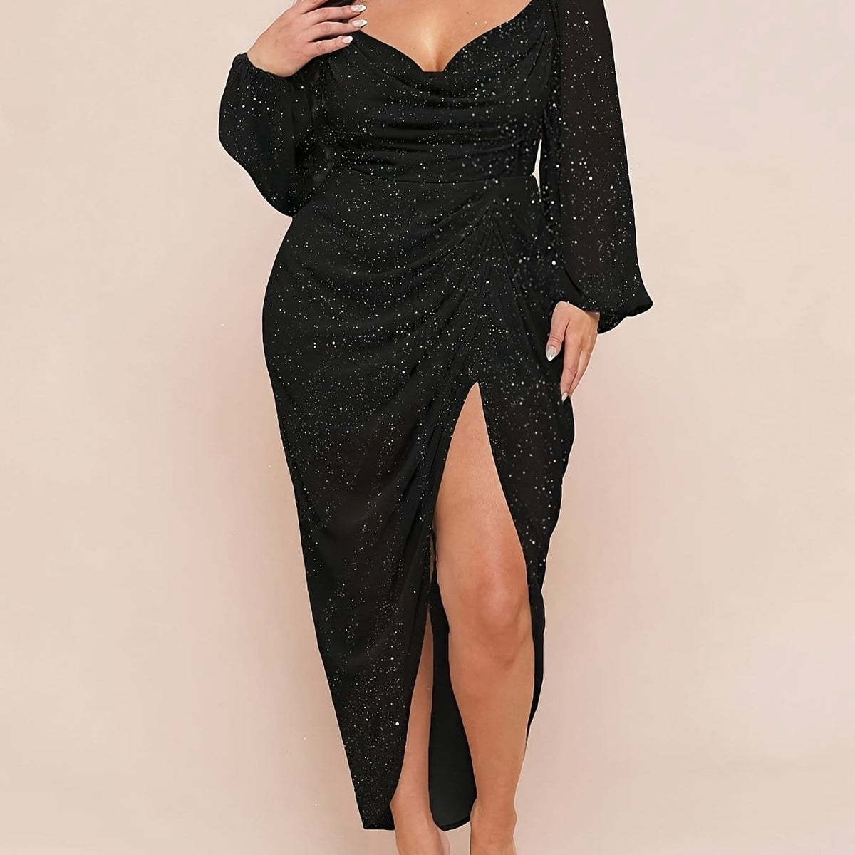 jkthpu-45 Black / UK 18 Plus Size - Plus Size - Plus Size, Women'S Elegant Party & Date Night Dress - Formal Evening Gown with Draped Neck, Asymmetrical Hem Slit, Long Sleeve Formal event, Halloween, Wedding, Prom - Plus Size Friendly Glamorous Evening Attire, Dresses for Weddin