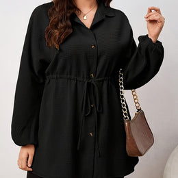 KissICON Black / UK 18 Plus Size - Plus Size, Women'S Elegant Long Sleeve Blouse - Button-Front Shirt with Drawstring Waist, Non-See-Through Fabric for Fall/Winter, Office, Party, Everyday Outfits - Women'S Formal & Casual Tops, Winter Wardrobe, Cl