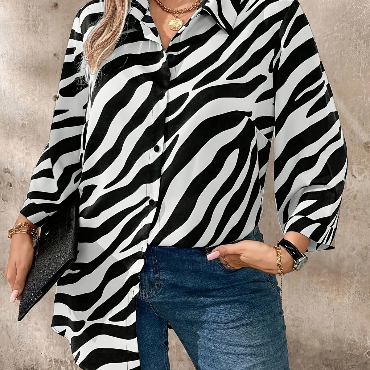KissICON Black / UK 18 Plus Size - Plus Size, Women'S Plus Size Elegant Blouse - Long Sleeve Button-Front Shirt in Black & White Zebra Stripe, Loose Fit Non-See-Through Office & Everyday Blouse for Women, All-Season Professional Casual Outfits, Ver