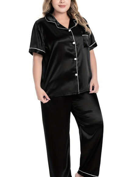 jkthpu-45 Black / UK 18 [Plus Size Satin Pajamas Suit] Plus Size Black