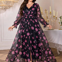 jkthpu-45 Black / UK 18 Plus Size, TOLEEN Women's Elegant Deep V-Neck Maxi Dress with Puff Sleeve & Floral Print - Floor-Length Formal Party Wedding Evening Gown, Hand Washable All-Season Long Dress in Black & Purple Floral Pattern, Structured Fitted Silhouette with Chest Ruffle