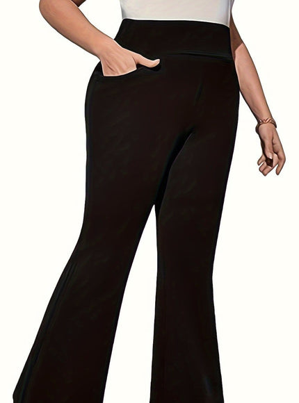 jkthpu-45 Black / UK 18 Plus Size Wide Leg Pants - Elegant High