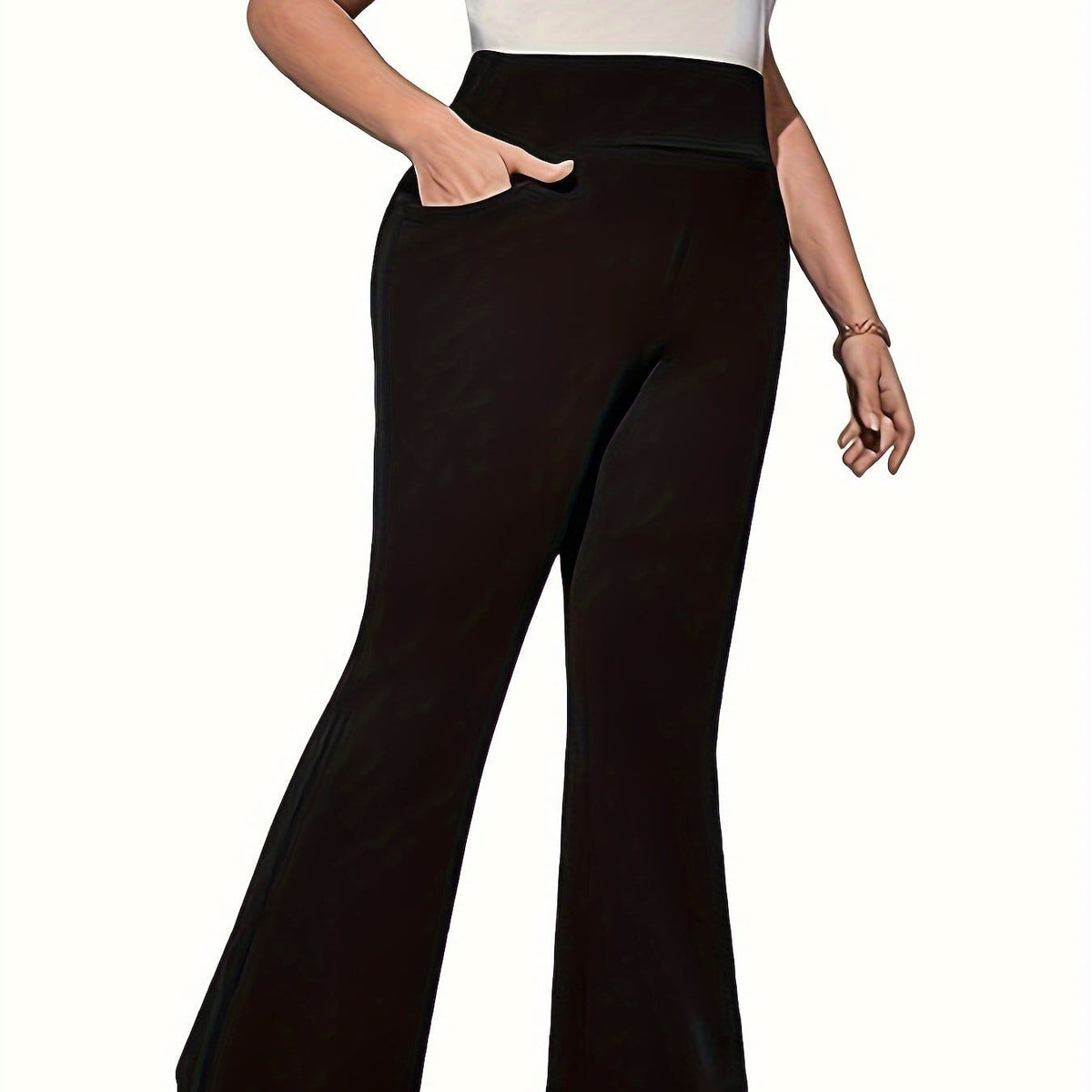 jkthpu-45 Black / UK 18 Plus Size Wide Leg Pants - Elegant High