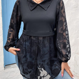 jkthpu-45 Black / UK 18 Plus Size Women's Elegant Contrast Color Block Blouse