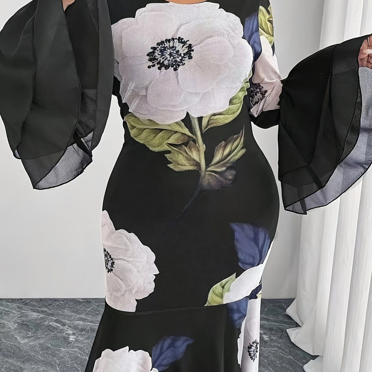 jkthpu-45 Black / UK 18 Plus Size - Women'S Elegant Long Sleeve Round Neck Dress - Stretchy Polyester-Spandex Blend, Fitted Silhouette with Floral Print & Mesh Panel Detail, All-Season Versatile Black Dress for Casual to Formal Occasions, Long Sleeve Dresses, Evening Wear, Sophi