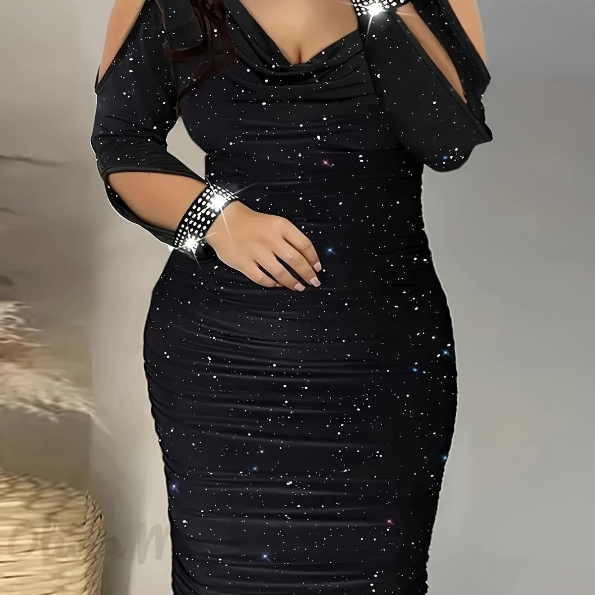 jkthpu-45 Black / UK 18 Plus Size Women's Elegant V-Neck Off-Shoulder Sequin Bodycon Mini Dress – Black Sparkling Party Clubwear for Spring, Summer & Fall