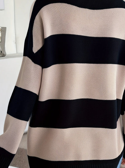 jkthpu-45 Black / UK 18 Plus Size - Women'S Elegant V-Neck Striped Sweater