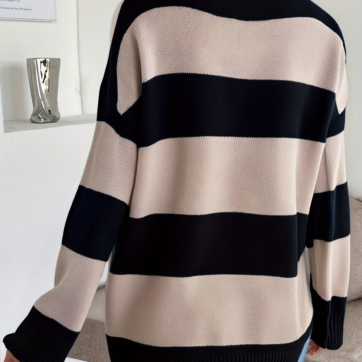 jkthpu-45 Black / UK 18 Plus Size - Women'S Elegant V-Neck Striped Sweater