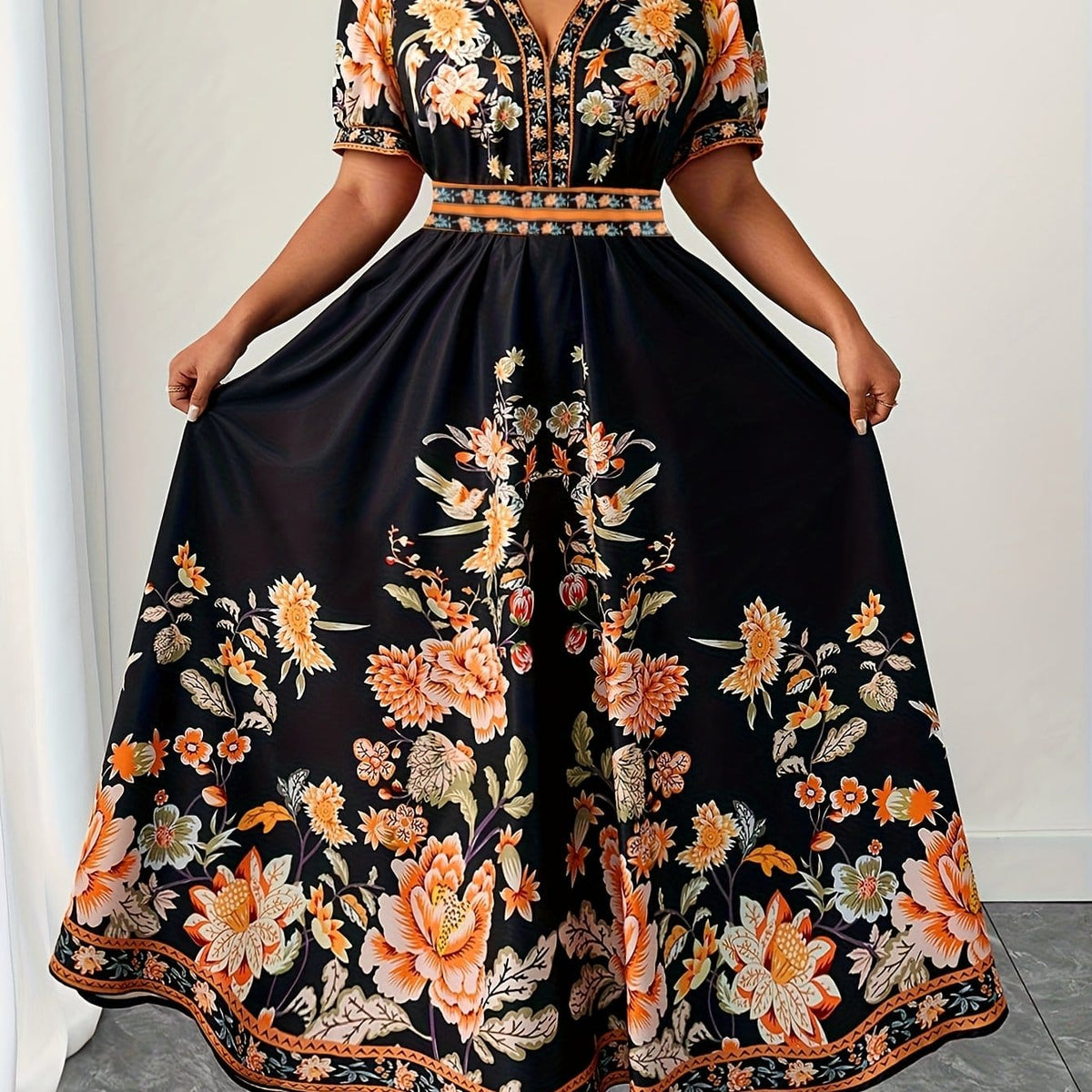 jkthpu-45 Black / UK 18 Plus Size, Women's Floral maxi Dress - Elegant V-Neck with Flared hips, Orange/Black/ Floral Print - Plus Size Friendly for Parties, Weddings, Everyday Outfits - Machine Washable Spring/Summer Dress, Wedding Guest Outfit, Feminine Silhouette, Comfortable