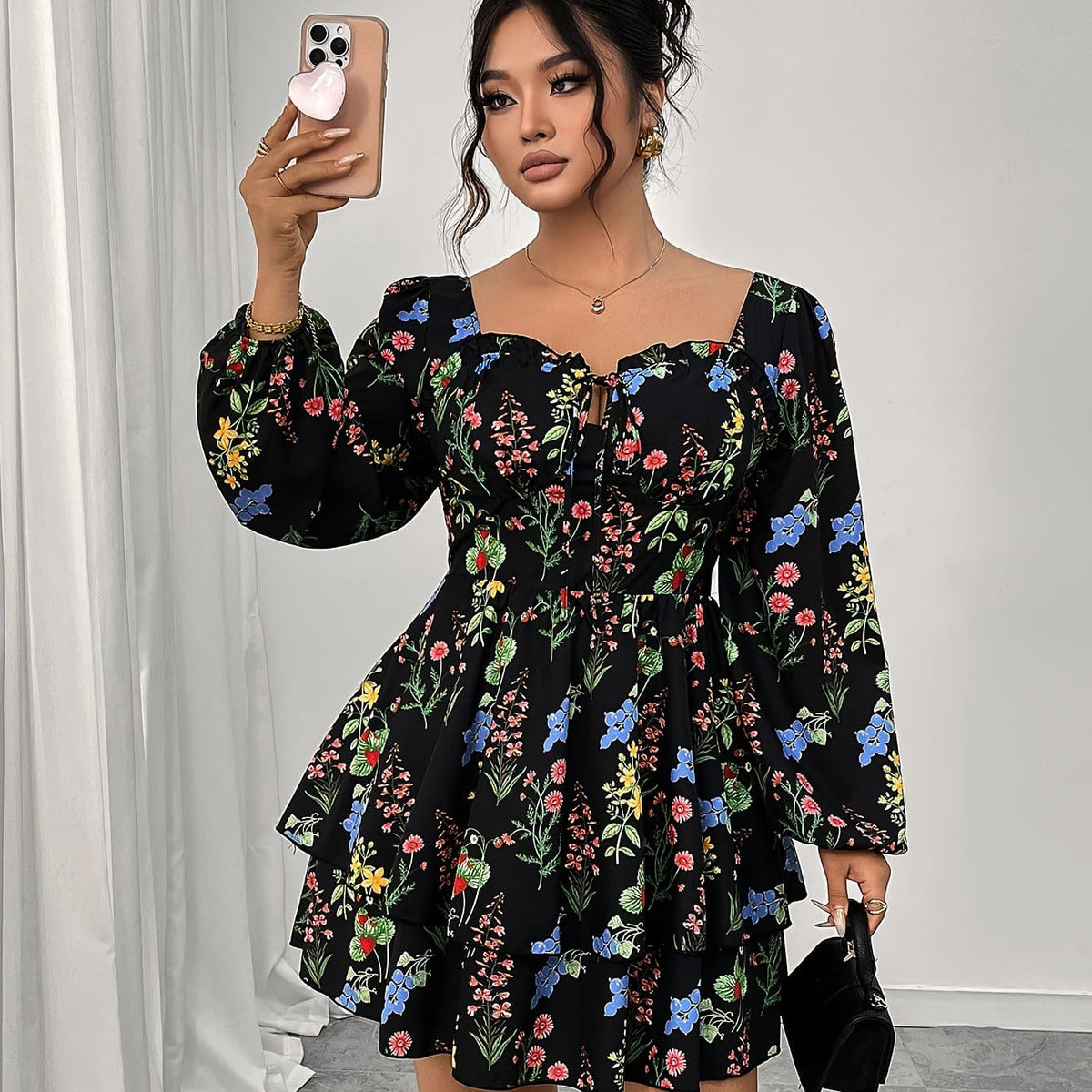 jkthpu-45 Black / UK 18 Plus Size, Women's Plus Size Elegant Floral Print Maxi Dress - Long Sleeve A-Line H-Line Silhouette with Square Neck & Puff Sleeves, Floor-Length Formal & Semi-Formal Party Wedding Guest Dress, Machine Washable All-Season Outfit, Relaxed Fit with Layered