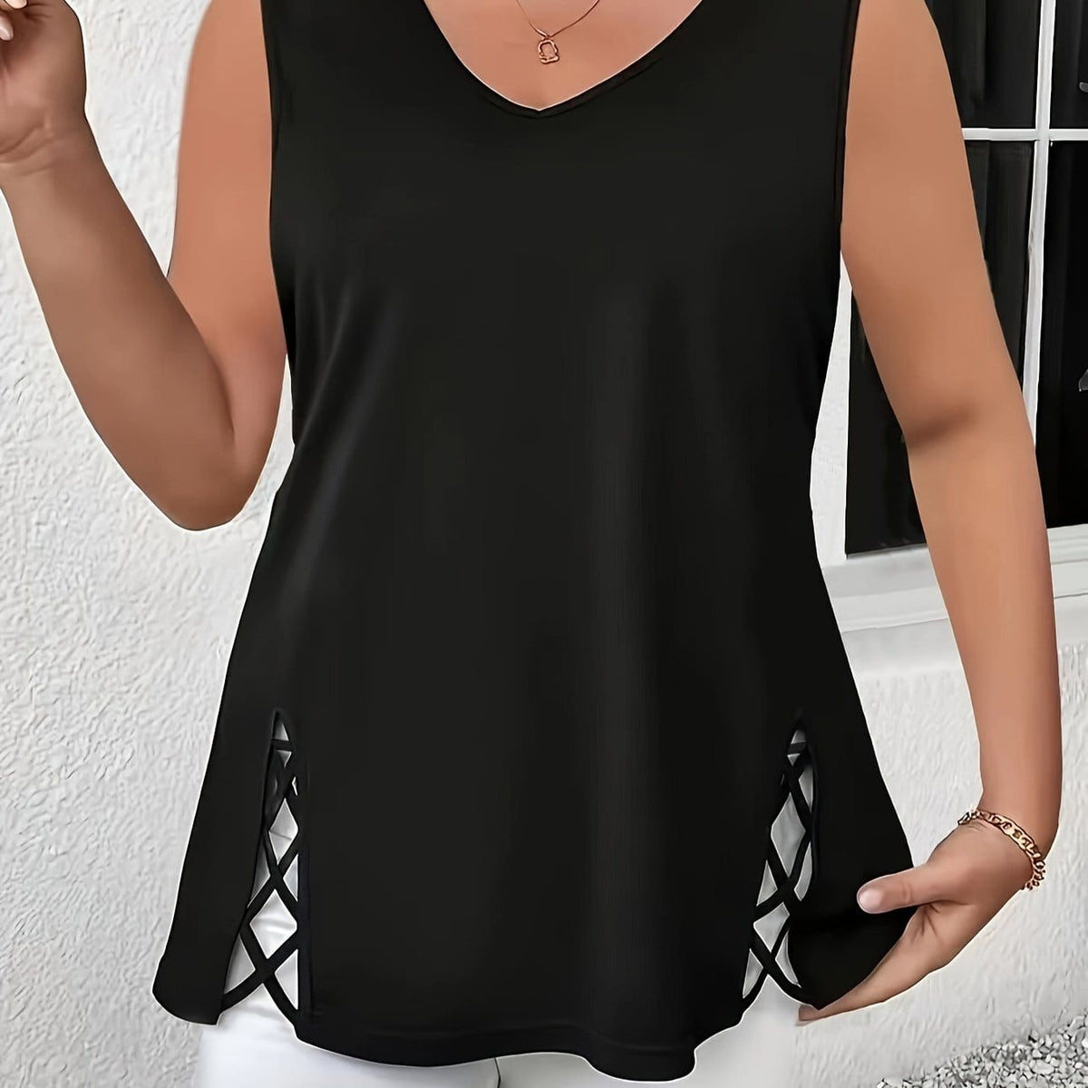 jkthpu-45 Black / UK 18 Plus Size - Women'S Plus Size V-Neck Sleeveless
