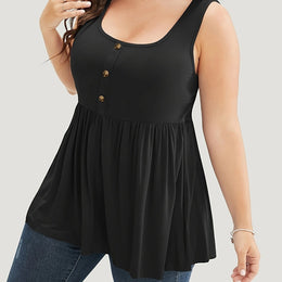 KissICON Black / UK 18 Solid Color Square Neck Button Detail Ruffled Hem