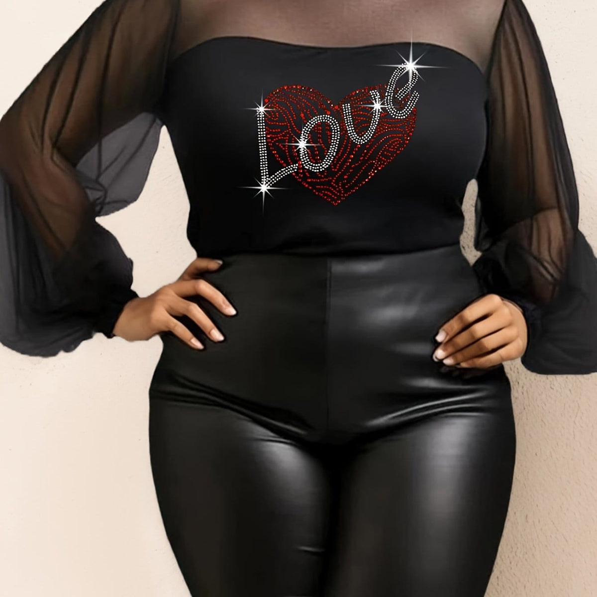 jkthpu-45 Black / UK 18 Sparkle Plus Size Valentine Heart Rhinestone Mesh Top