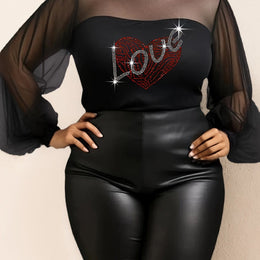 jkthpu-45 Black / UK 18 Sparkle Plus Size Valentine Heart Rhinestone Mesh Top