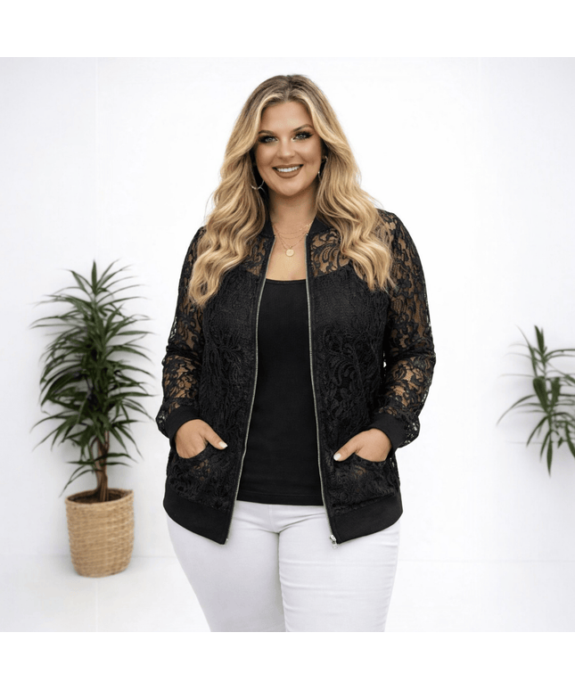 KissICON Outerwear Black / UK 18 / US 14 Elegant Plus Size Floral Lace Contrast Baseball Jacket