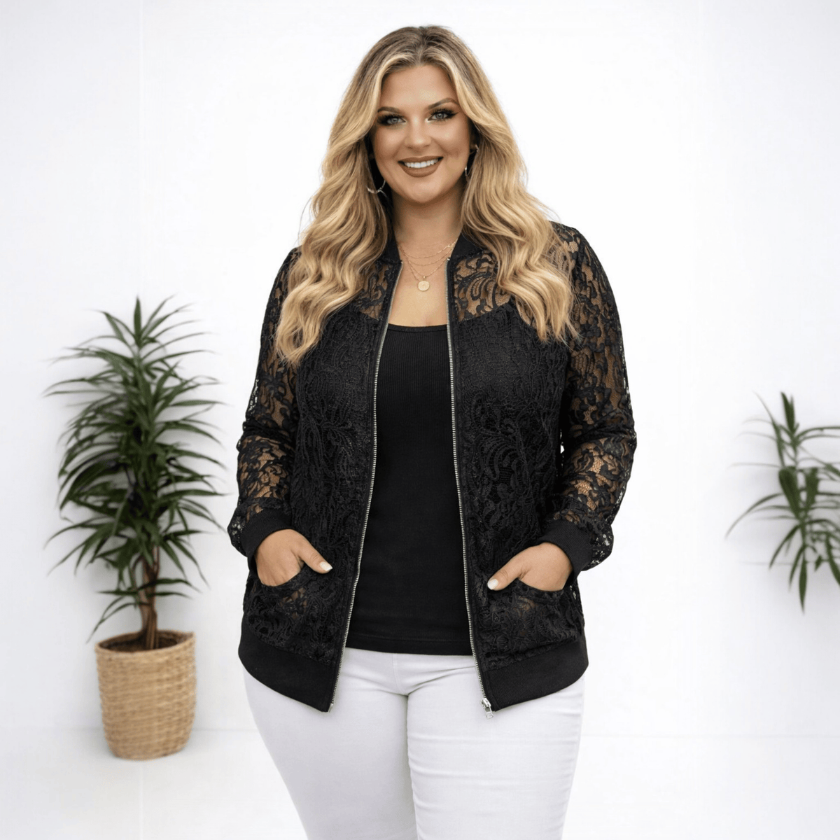KissICON Outerwear Black / UK 18 / US 14 Elegant Plus Size Floral Lace Contrast Baseball Jacket