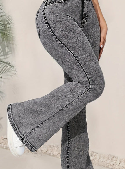 jkthpu-45 Black / UK 18 Women's High-Waisted Flared Jeans - Stretchy Non-See-Through Bell