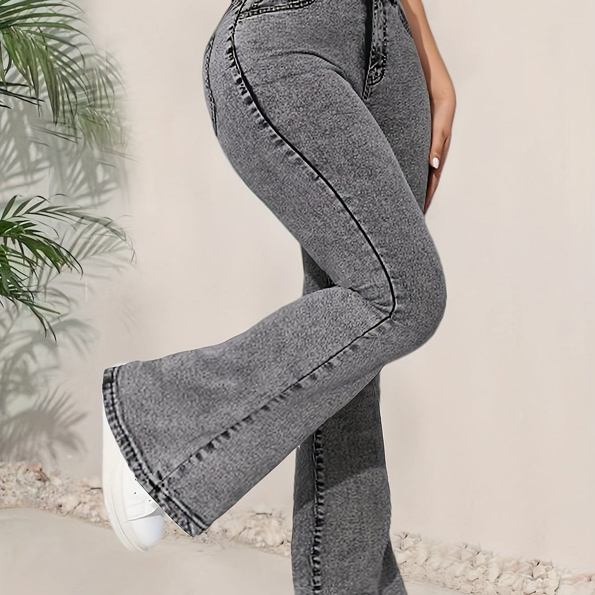 jkthpu-45 Black / UK 18 Women's High-Waisted Flared Jeans - Stretchy Non-See-Through Bell