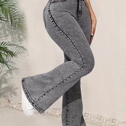 jkthpu-45 Black / UK 18 Women's High-Waisted Flared Jeans - Stretchy Non-See-Through Bell
