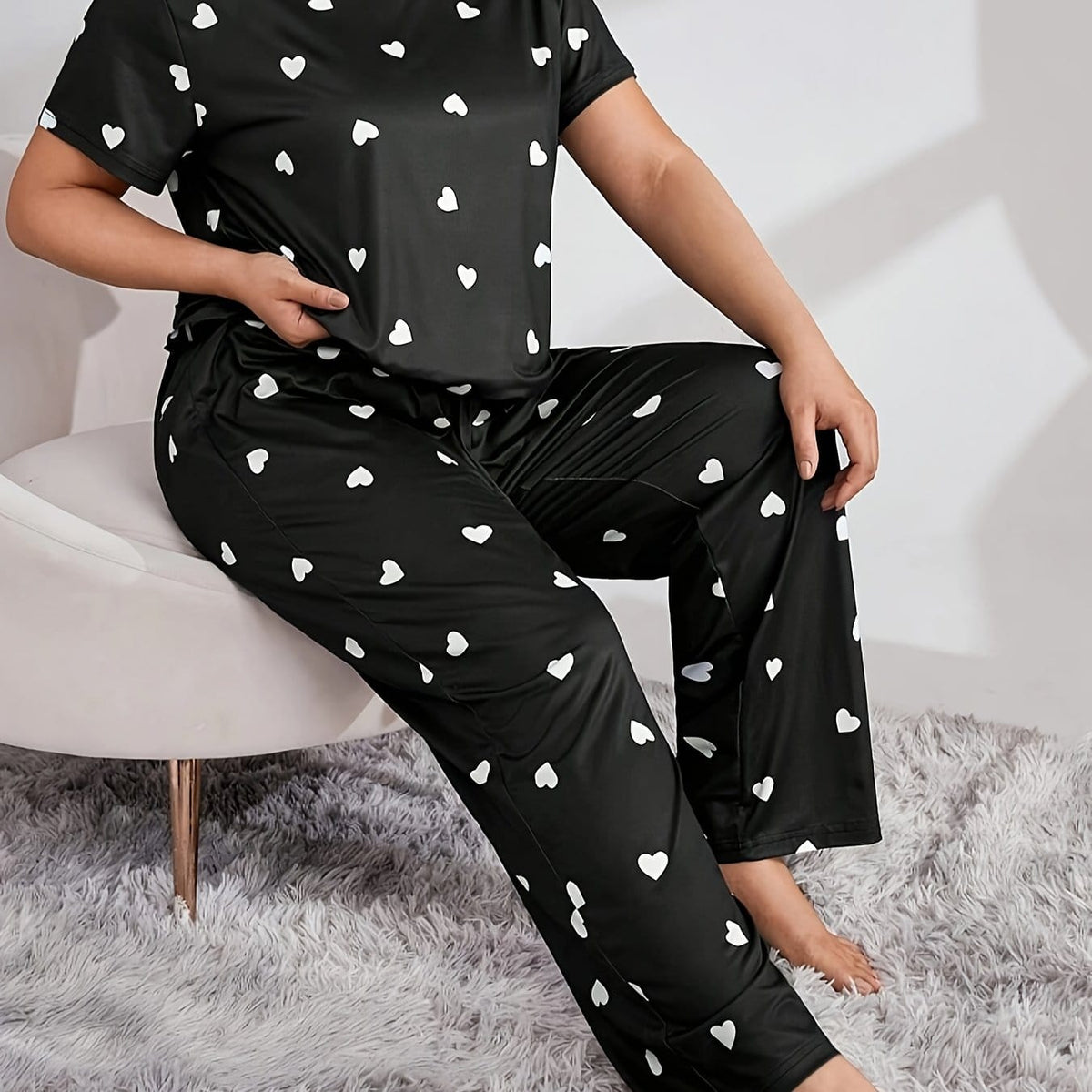 jkthpu-45 Black / UK 18 Women's Plus Casual Pajama Set, Plus Size Heart