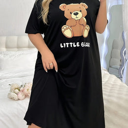jkthpu-45 Black / UK 18 Women's Plus Cute Sleep Dress, Plus Size Cartoon Bear & Letter Print Short Sleeve Crew Neck Nightdress
