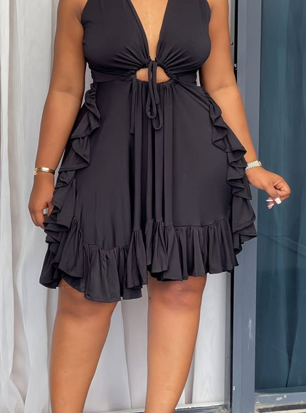 jkthpu-45 Black / UK 18 Women'S Plus Size Elegant Sleeveless Ruffle Mini Dress with Drawstring Detail - Non-Stretch, Solid Color, Polyester, Vacation Style, Short Length, All-Season Wear, Casual Elegance | Ruffle Detail Dress | Nonstretch Fabric