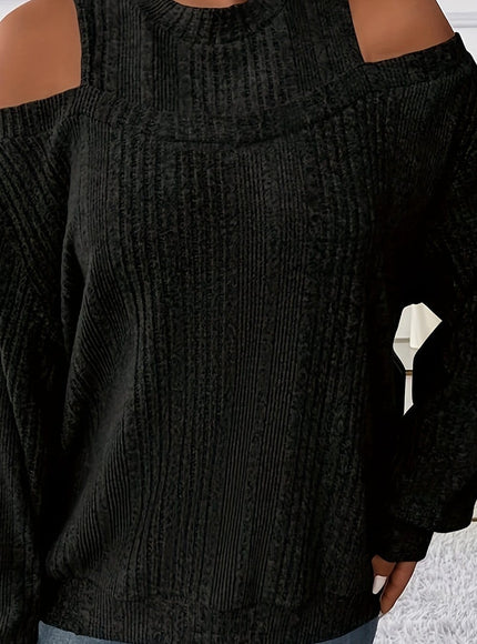 jkthpu-45 Black / UK 18 Women's Ribbed Top - Elegant Asymmetrical Long Sleeve