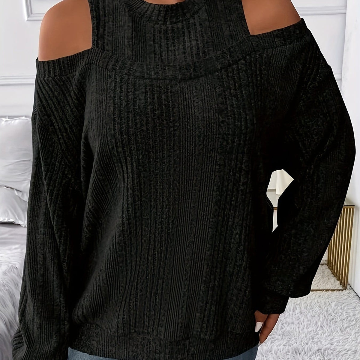 jkthpu-45 Black / UK 18 Women's Ribbed Top - Elegant Asymmetrical Long Sleeve