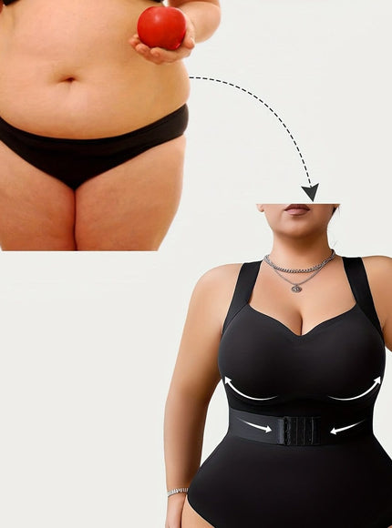 jkthpu-45 Black / UK 18 Women's Seamless Plus Size Bodysuit - Front Zipper