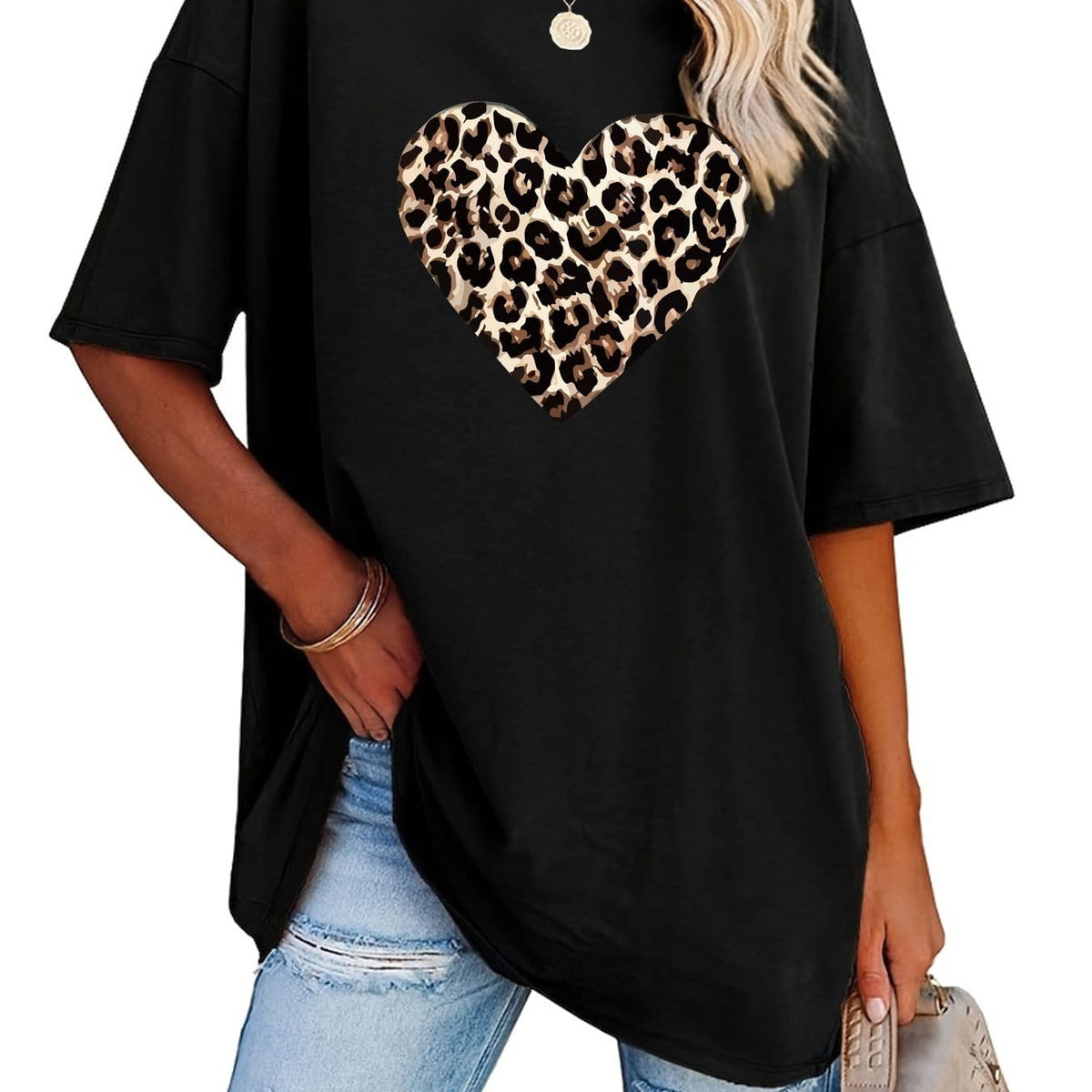 KissICON Black / UK 18 Women's Valentine's Day Leopard Heart Print T-Shirt - Short Sleeve Crew Neck Casual Top, Vibrant Pink, Relaxed Fit, Machine Washable, Plus Size Friendly, All-Season Comfort, Valentine's Day T-shirts, Trendy Casualwear, Durabl