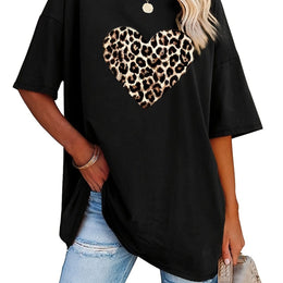 KissICON Black / UK 18 Women's Valentine's Day Leopard Heart Print T-Shirt - Short Sleeve Crew Neck Casual Top, Vibrant Pink, Relaxed Fit, Machine Washable, Plus Size Friendly, All-Season Comfort, Valentine's Day T-shirts, Trendy Casualwear, Durabl