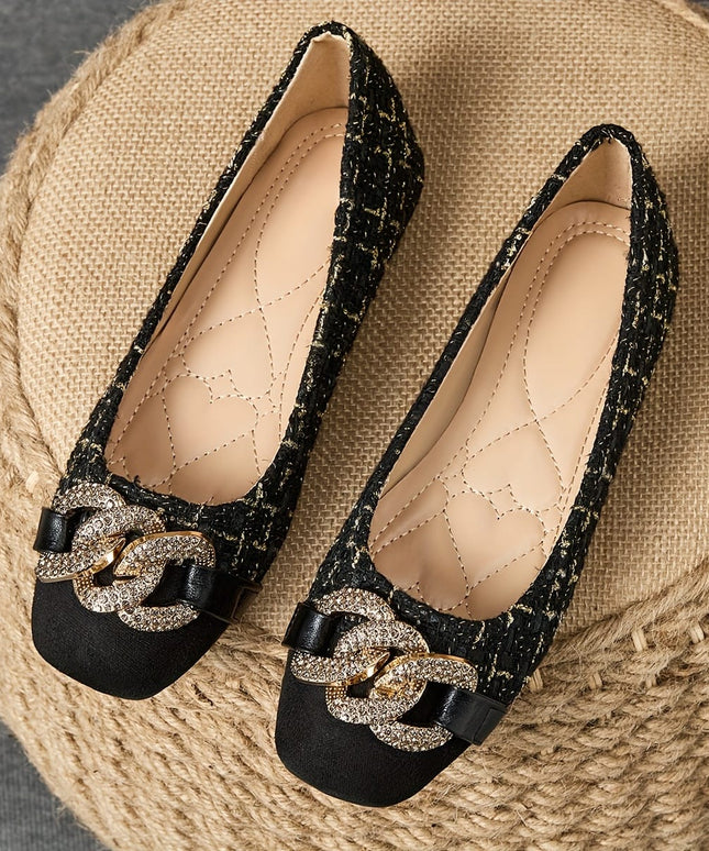 jkthpu-45 Black / UK 2.5 Metallic Chain SquareToe Flats Versatile for All Seasons