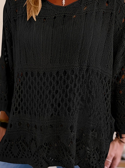 jkthpu-45 Black / UK 26 Plus Size, Oversized Knitwear Loose-Fitting 3/4 Sleeve Sun-Protective