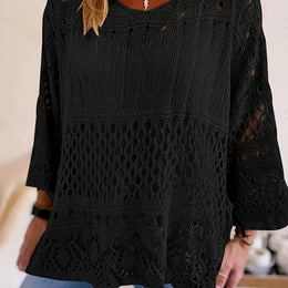 jkthpu-45 Black / UK 26 Plus Size, Oversized Knitwear Loose-Fitting 3/4 Sleeve Sun-Protective