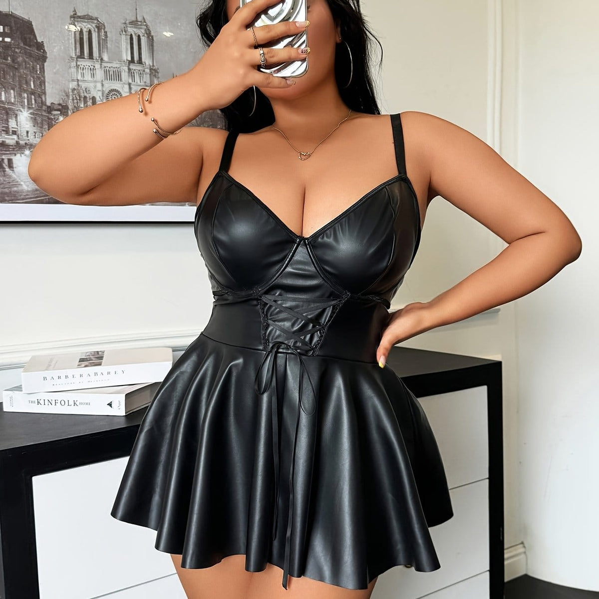 jkthpu-45 Black / UK 26 Plus Size Sexy PU Strap Steel Ring Dress Set