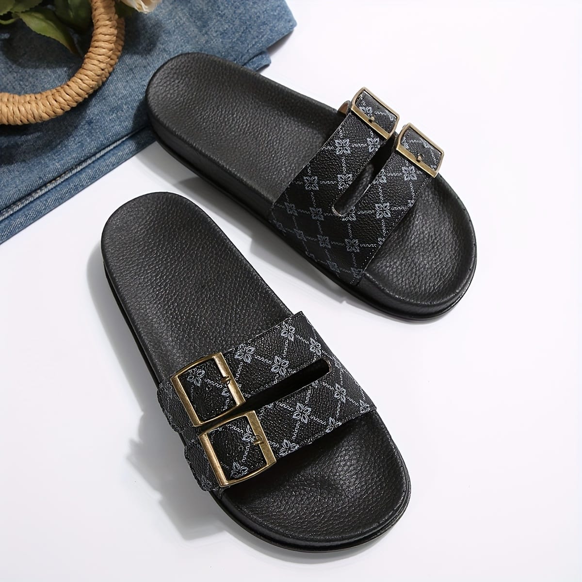 jkthpu-45 Black / UK 3.5 Chic Floral Double Buckle Summer Slide Sandals