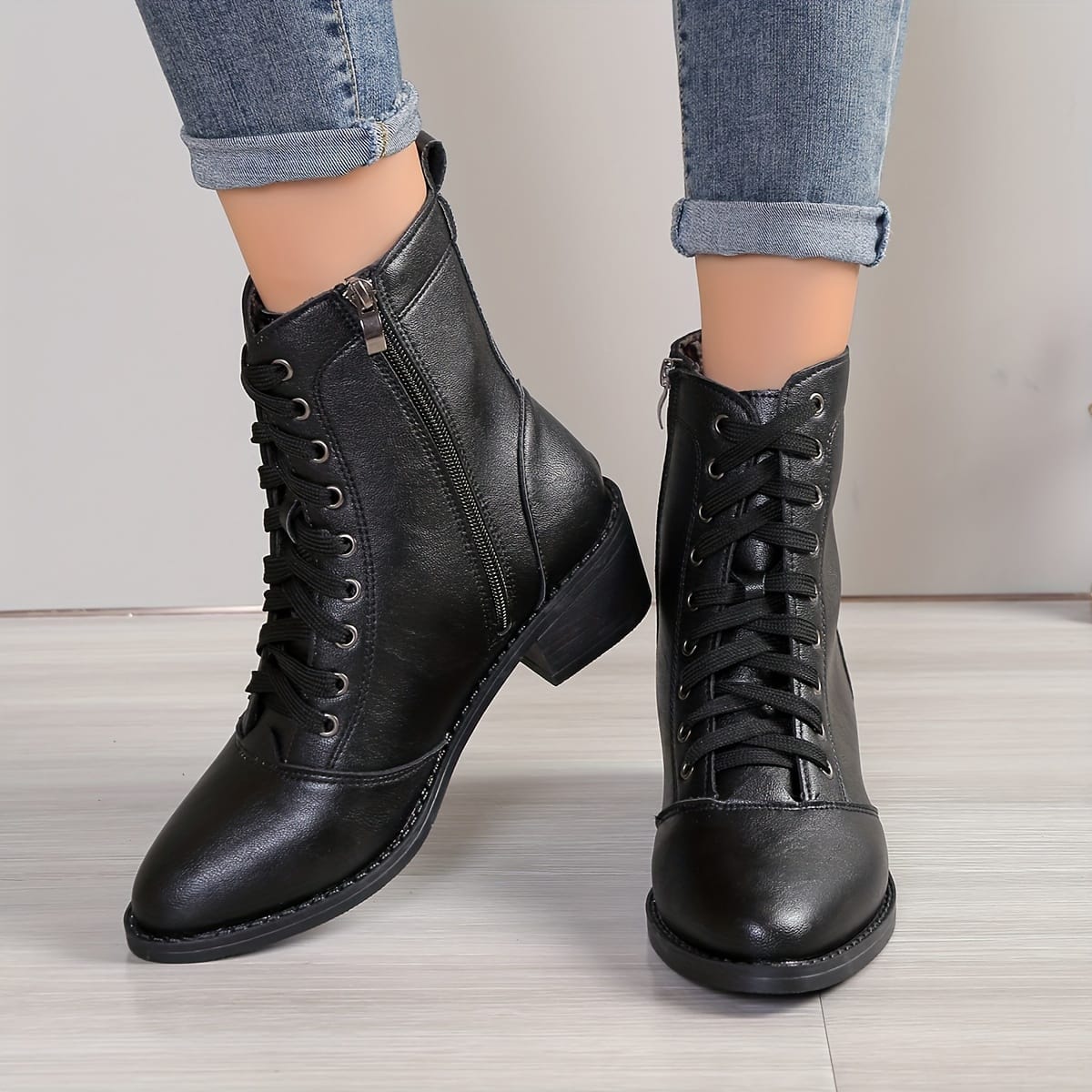 jkthpu-45 Black / UK 3 Chic MidHeel Combat Boots Velvet Lined LaceUp Side Zip