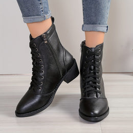 jkthpu-45 Black / UK 3 Chic MidHeel Combat Boots Velvet Lined LaceUp Side Zip