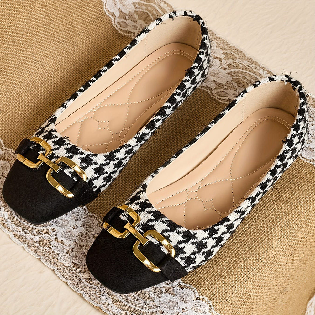 jkthpu-45 Black / UK 3 Women's Square Toe Mary Jane Flats - Slip-On Breathable Fabric Upper with Houndstooth Pattern & Golden Accents, Soft Rubber Sole for All-Season Comfort, Casual to Formal Occasions, Comfortable Walking, Chic Style, Durable Construction, Fashion Footwear, O