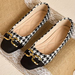 jkthpu-45 Black / UK 3 Women's Square Toe Mary Jane Flats - Slip-On Breathable Fabric Upper with Houndstooth Pattern & Golden Accents, Soft Rubber Sole for All-Season Comfort, Casual to Formal Occasions, Comfortable Walking, Chic Style, Durable Construction, Fashion Footwear, O