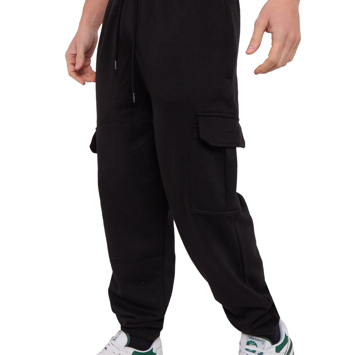 KissICON Black / UK 34 LABEL APPAREL Men's Cargo Fleece Joggers – 290GSM Heavyweight Fabric Trousers, Elastic Waist, Drawstring & Ribbed Cuffs – Soft Cotton Blend Casual Sweatpants with Side Cargo Pockets Bottoms