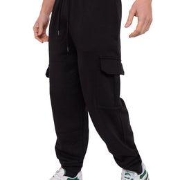 KissICON Black / UK 34 LABEL APPAREL Men's Cargo Fleece Joggers – 290GSM Heavyweight Fabric Trousers, Elastic Waist, Drawstring & Ribbed Cuffs – Soft Cotton Blend Casual Sweatpants with Side Cargo Pockets Bottoms