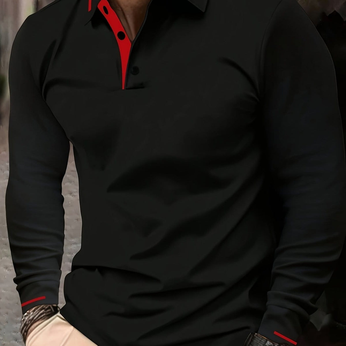 KissICON Black / UK 36 Mens Stretch Ribbed Long Sleeve Polo SpringFall Golf Essential