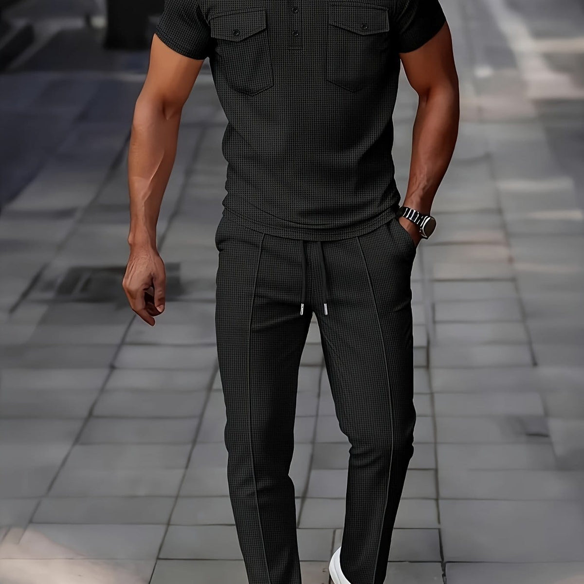 KissICON Black / UK 36 Mens Waffle Knit Polo  Pants Summer Casual Set