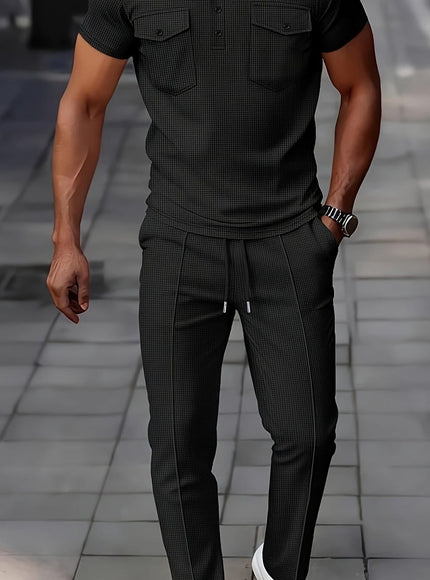 KissICON Black / UK 38 Mens Waffle Knit Polo  Pants Summer Casual Set